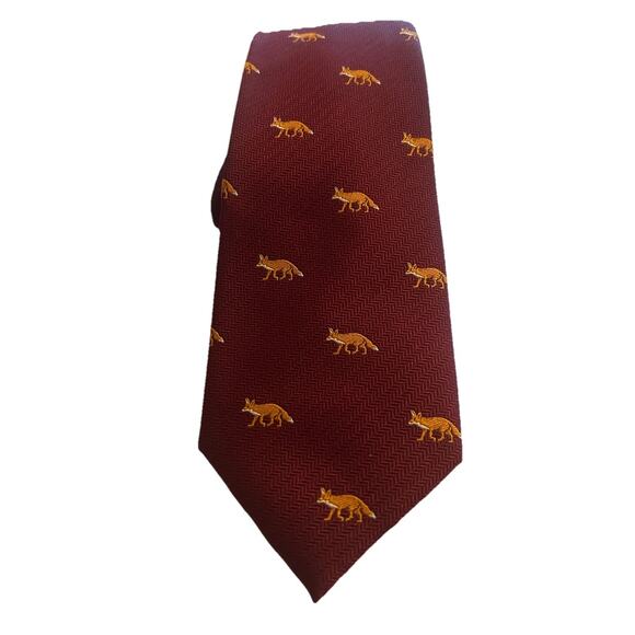 Saddlebred Red Fox Print Men’s Neck Tie 3.25” Silk Blend Woven Solid Dark Red - Picture 1 of 8